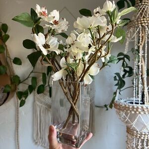 Faux Dogwood Flower Arrangement | White Silk Flowers in Glass Vase Home Decor